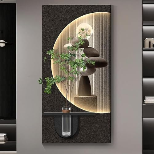 HOLGVE Wanddekoration aus Sandstein, Leuchtende 3D-Wandkunst mit LED-Beleuchtung, Wandskulptur mit Vase, for Wohnzimmer, Schlafzimmer, Büro Oder Eingangsbereich(Black-1,16x31in/40x80cm)