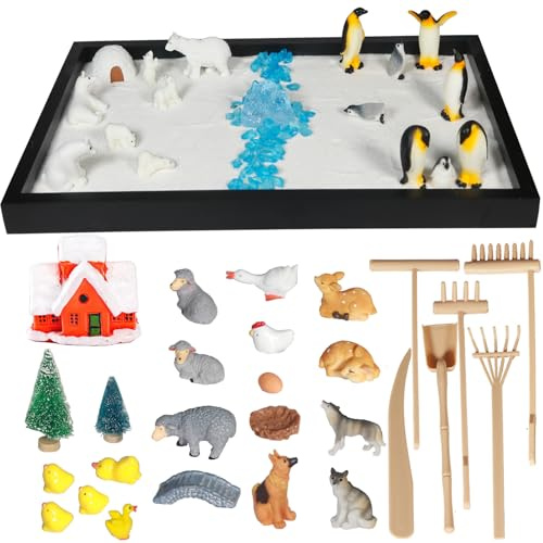 Decorative 47pcs 2-in-1 Penguin & Farm Animals Zen Sand Garden Kit, Mindfulness Relaxation Tabletop Therapy Set for Adults with Miniature Animals, Stress Relief Sandbox for Home Office Meditation