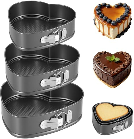 Heart Cake Tin Set of 3, Non-Stick Springform Cake Tins with Removable Base