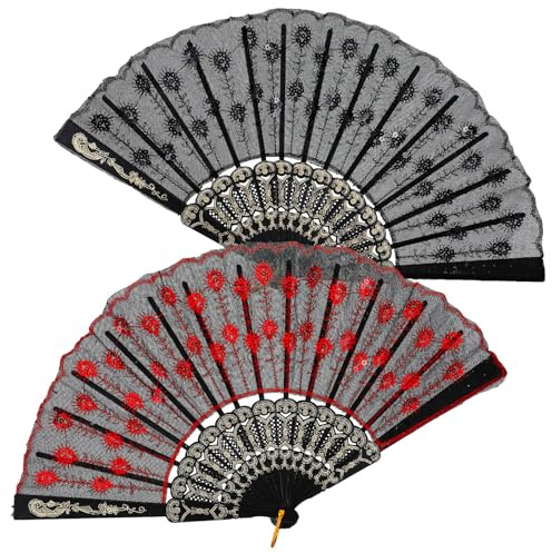Grevosea 2 Pack Lace Embroidered Sequin Folding Hand Fans, Lace Spanish Fan Flamenco Dance Accessories Gothic Retro Costume Photo Props Prom Decoration Red and Black
