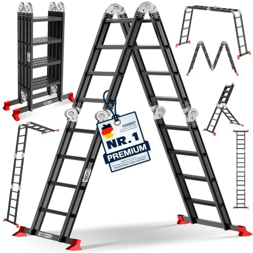 MASKO® Leiter Aluminium 4x4 Stufen, Mehrzweckleiter | - 470 cm | | 150 Kg belastbar, 6in1 multifunktional mit Verriegelung, Gelenkleiter, Anlegeleiter, beidseitige Steh- und Treppenleiter