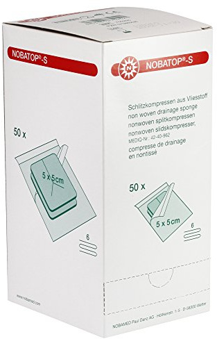 NOBATOP-S sterile Schlitzkompresse paarweise verpackt 50 x 2 Stück, Größen:5.0 cm x 5.0 cm