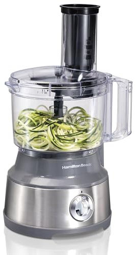 Hamilton Beach Food Processor & Vegetable Chopper for Slicing, Shredding, Mincing, and Puree, 10 Cups + Veggie Spiralizer makes Zoodles and Ribbons, Grey and Stainless Steel (70735)