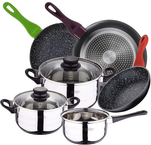 Bateria de cocina de 5 piezas en acero inoxidable con juego de sartenes San Ignacio (20,24,28 cm) en aluminio forjado