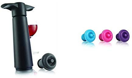 Vacu Vin Wine Saver - Black | 1 x Vacuum Pump + 1 x Vacuum Wine Stopper & Wine Saver Vacuum Stoppers, Set of 3 - Purple/Blue/Pink