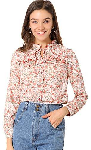 Allegra K Women's Floral Chiffon Blouses Button Down Shirt Ruffle Tie Neck Tops White S-8