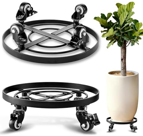 AMAGABELI GARDEN & HOME Metal Plant Caddy with Wheels Heavy Duty Iron Rolling Casters Plant Stand 2 Pack 12 Rollers Round Flower Pot Rack on Dolly Holder Indoor Outdoor Planter Trolley