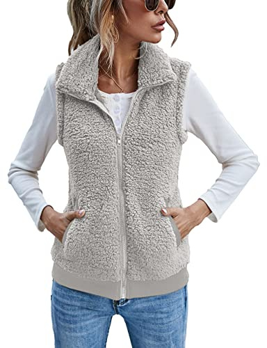 LOMON Women's Classic Fit Sleeveless Full-Zip Polar Soft Fleece Vest Cute Warm Pockets Vest Light Grey L