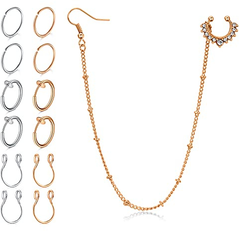 LAURITAMI 13stk Fake Nasenpiercing Nasenclipkette Chirurgenstahl Fake Septum Hoop Non Pierced Nasenring Cartilage Knorpel Helix Lippenpiercing
