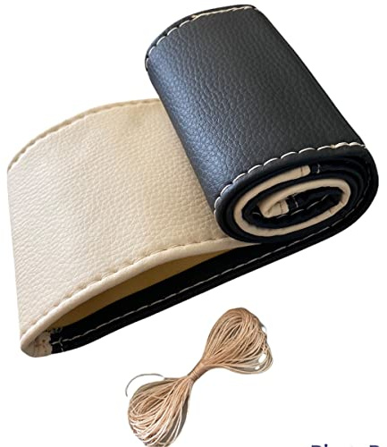LB113 - Lenkradbezug 37-39 cm zum Schnüren Schwarz Beige Leder mit Beige Naht
