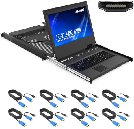 MT-VIKI 1U HDMI LCD KVM Konsole 8 Port mit 17.3'' LCD Monitor für 1HE 19'' 600-800mm Schrank Schublade Hotkey OSD mit 8xKabeln 1920X1080
