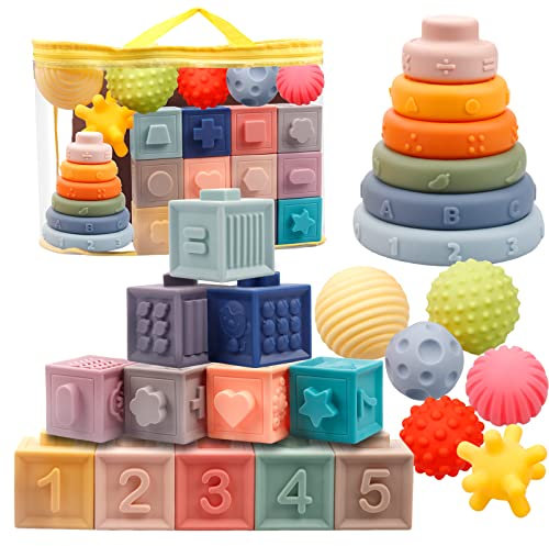 Plunack 24 Stück Weiche Quetsch Babyspielzeug Set-mit Bälle, Bausteine und Stapelturm, Montessori Sensorik Spielzeug Beißring, Lehrreich Lernspielzeug für Kleinkind ab 18 Monate 3 Jahre Junge Mädchen
