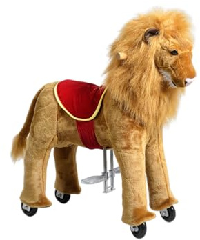 PONNIE Reitpferd mit Rollen Löwe S (3-6 Jahre), Spielpferd zum Reiten mit Rot Sattel, Kämmbare Mähne und Schwanz, Plüschpferd zum Reiten für Kinder PRO