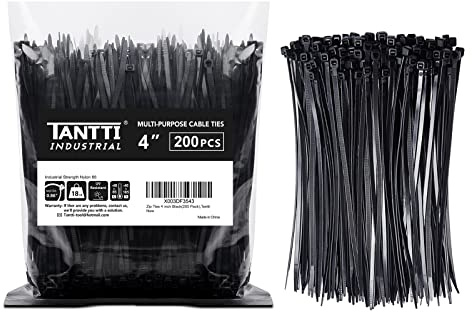 Zip Ties 4 inch (200 Pack), Small Zip Ties with 18 lb Tensile Strength, Black, by Tantti Supply
