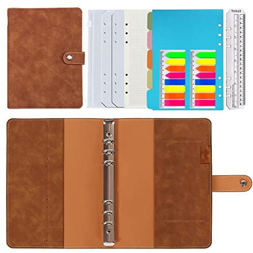 Leder Notizbuch Binder A5,PU Leder Nachfüllbares Notizbuch Ringbuch A5 Tagebuch Karierte Papier Echtleder Innentaschen für Reisearbeit und Organizer(Braun 23x17cm)