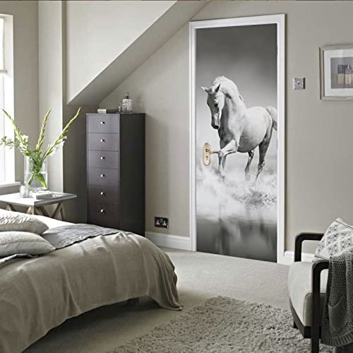 2 Pcs Fototapete Türtapete selbstklebend Türposter Weißes Tier Pferd Abnehmbar Fototapete Türfolie Poster Tapete Muster Türaufkleber für Tür, Wohnzimmer, Schlafzimmer, Küche und Bad B90 x H200cm