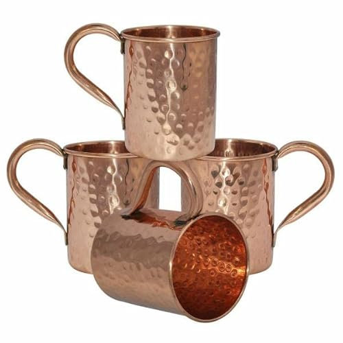 Art Of Creation Moscow Mule Pure Copper Hammered Beer Mugs Stainless Steel Set of 4 Copper Plated Stainless Steel Cups with Large Handle for Ice Cold Drinks,Cocktails Barware Size- 500ml 16.oz