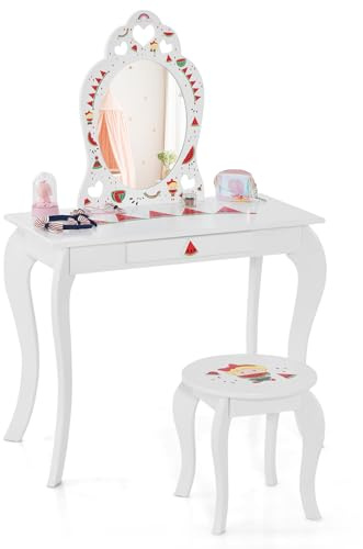 COSTWAY Tavolo da toeletta per bambini con sgabello, specchio e cassetto rimovibili, in legno, per bambini dai 3 anni, 72 x 36 x 106 cm