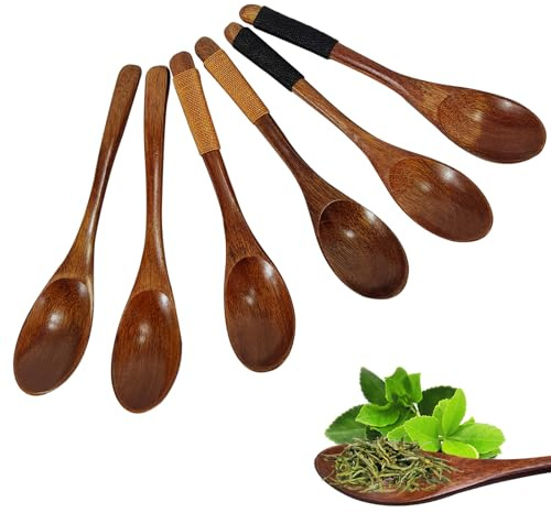 Cuillère à Café en Bois, Set de 6 Pièces - Petite Cuillère Naturelle pour Thé, Café, Miel, Sucre, Assaisonnement - Vaisselle Écologique
