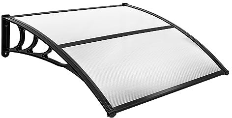 COSTWAY 102/122/199 x 98cm Window Door Awning Canopy, Outdoor Front Roof Overhang Awning Exterior, Polycarbonate Patio Rain Shelter Cover (122 x 98CM, Grey + Black)