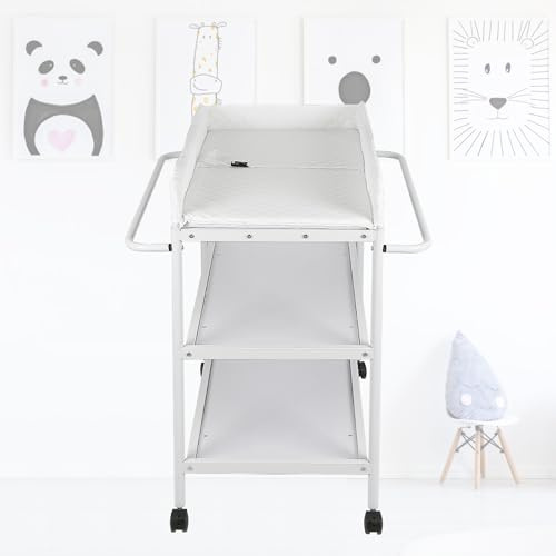 XUANYU Tables à langer sur Pieds Portable et Pliable, Station à langer avec Étagère Rangement à 2 Niveaux, Commode à Langer Multifonctionnelle, Jusqu'à 130 kg, Blanc, 84×48×90 cm