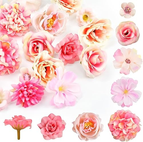 ADERTOS 20 Stück Künstliche Blumen Kunstblumen Köpfe Rosa Seidenblumen Köpfe Deko Kunstblumenköpfe Mini Blütenköpfe Blumenköpfe für Hochzeit Home Basteln Scrapbooking Deko