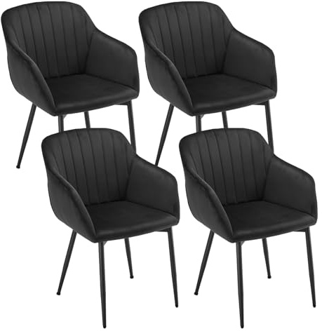 Goeurvant Lot de 4 Chaises Noir Velours Fauteuil Salle à Manger avec Accoudoirs, Chaise de Cuisine Rembourrée et Pieds en Métal pour Salon et Bureau