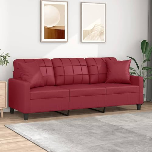 Homgoday Divano a 3 posti con cuscino decorativo, divano lounge, divano per ospiti, divano reclinabile, per soggiorno, ufficio, camera da letto, rosso vinaccia, 180 cm, ecopelle