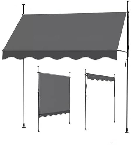 zklaseot Manual Retractable Awning, With Support Pole Stand Patio Sun Shade Shelter UV Resistant Fabric, For Window, Door, Porch, Coffee(Gray,350x120cm)