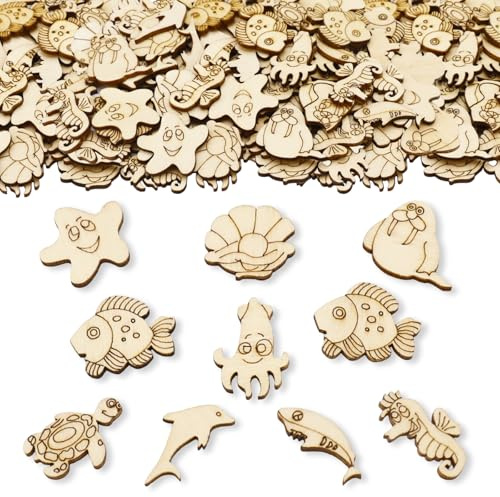 ParPix 100 Stück Holz Meerestiere Deko Konfetti, 3cm Unterwasserwelt Streudeko, Confetti Unterwasser Deko Kindergeburtstag, Ozeantieren Streudeko, Ozean Thema Party Konfetti für Jungen Mädchen
