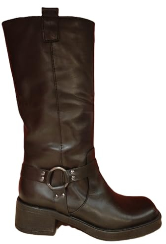 Divine Follie DF I 102 Nero Vera Pelle Bikers Alto da Donna da infilare Borchie Anelllo alla Caviglia Punta Quadra Buttero Stivali (37)