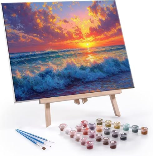 DIY Paint by Numbers Sunset Waves Painting by Numbers Kits On Canvas, with Paint Brushes and Acrylic Painting Kit 12x16 in/30x40 cm for Kids and Adults Beginner Gifts, Home Decor, Frameless h-739