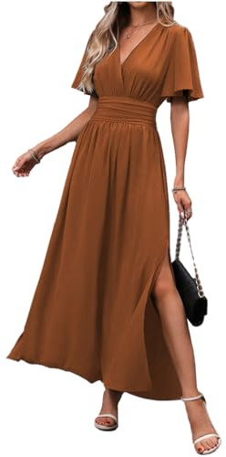 LUVCES Damen Sommer Maxi Kleid V-Ausschnitt Schmetterlingsärmel Plissee Hohe Taille Schlitz Elegant Hochzeitsgast Langes Kleid Karamell M