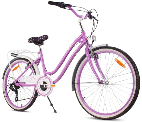 sun baby Mädchenfahrrad 24 Zoll Heart Bike Lila, Kinderfahrrad für 8-12 jährige Mädchen mit 7-Gang, Gepäckträger, Metallkotflügel, V-Brake, Kettenschutz