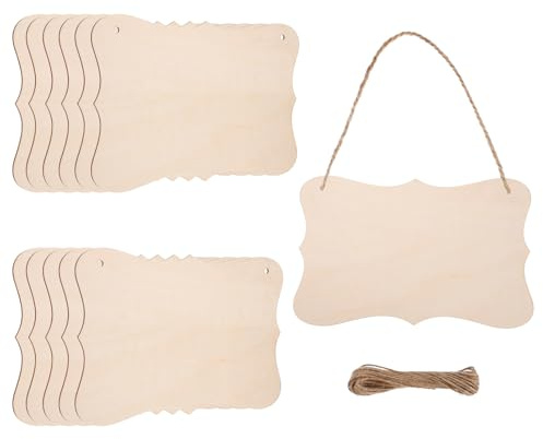 sourcing map Unfinished Hanging Wood Sign Blank with Ropes 9x6 Unfinished Wood Crafts Boards Wooden Plaques for Crafts DIY Painting Burning Carving Door Wall Decoration, Style 8, Pack of 12