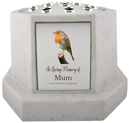 In Loving Memory Of Memorial Octagon Rose Bowl Grave Marker Flower Pot Vase With Robin Design Mum Dad & Lots More White/Silver (UV PRINTED) (Mum)