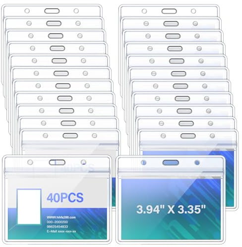 40 PCS Card Holder for Lanyard, Clear Horizontal Card Holders Waterproof ID Badge Holders Plastic Name Tag Badge Holder for ID Cards, Office, School, Bus Passes