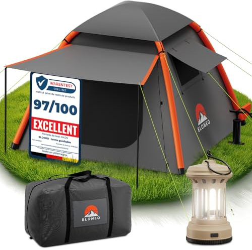 ELONEO tenda gonfiabile per 2-4 persone con tettoia e pompa ad aria, tenda da campeggio impermeabile, tenda ad aria ultraleggera, inflatable tent, tenda glamping con luce LED gratuita