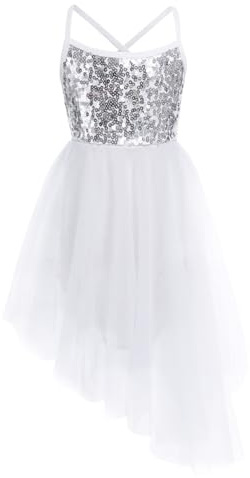 Loodgao Enfants Filles sans Manches Brillant Paillettes Ballet Danse Robe Tulle Jupe Collant Latin Jazz Costume Ivoire 7-8 Ans