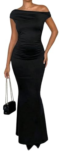 SweatyRocks Damen Kleid Elegant Schulterfreies Kleider Langes Bleistiftkleid Bodycon Figurbetont Freizeitkleid Partykleider Clubkleid Schwarz XS
