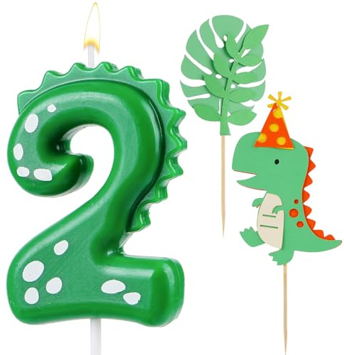 AIBAOBAO Geburtstagskerzen Zahlen 2, Kerzen Geburtstag Dinosaurier, mit 2 x Dino Tortendeko, Geburtstagskerze, Kerze Geburtstag, Kerze 2, Grün Zahlenkerzen für Torte Kinder 2 Jahre Junge Mädchen