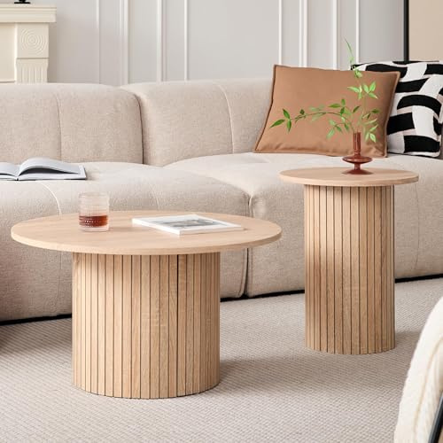 BenyLed Set med 2 runda och stapelbara mittbord med cylindrisk bas, modernt sidobord med MDF-skiva och träribbor piedestal (naturlig/träkorn)
