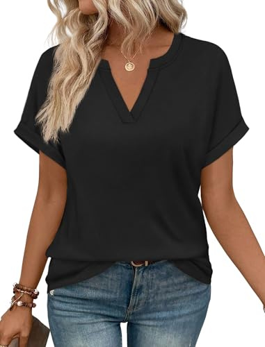 WIHOLL Womens Summer Blouses 2026 Spring Dressy Casual Black Tops Short Sleeve Tshirts Shirts Trendy Fashion M