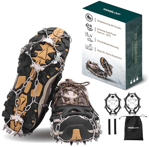 TREKOLOGY Microspikes for Hiking – 19-Spike Stainless-Steel Ice Cleats & Chains for Boots, Crampons for Hiking Boots Men & Women, Durable Traction Spikes for Snow & Ice (Large)