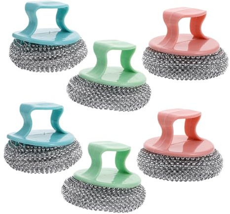 ZUNOXAZ 6 Piezas Estropajos de Acero Inoxidable con Mango Ergonómico Cepillo de Limpieza Desmontable para Cocina Esponja Metálica Resistente para Ollas y Sartenes Protección Antirayaduras
