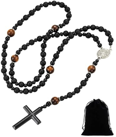 Rosario Católico Unisex de WIRZUL con Bolsa de Franela, Rosario de Piedra Volcánica Negra Natural y Medalla de San Benito (Negro)