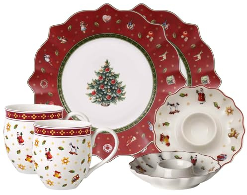 Villeroy & Boch – Toy's Delight Frühstücks-Set 6-teilig, Geschirr-Set für 2 Personen mit Frühstückstellern, Tassen und Eierbechern, Weihnachtsgeschirr, Premium Porzellan, Bunt/Rot