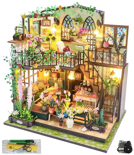 SULIFEVIP Petite maison de jardin 1:24 3D en bois vintage, maison de poupée miniature avec LED, boîte à musique, outils, jouet créatif en bois pour adulte, ami, amoureux, anniversaire
