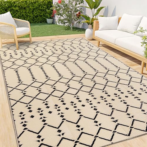 Homaxy utomhusmatta 150 x 240 cm, beige och svart | Vattentätt vändbart plastsugrör, UV-beständigt, vikbar boho, halkfri, för uteplats, camping, picknick, balkong, trädgård