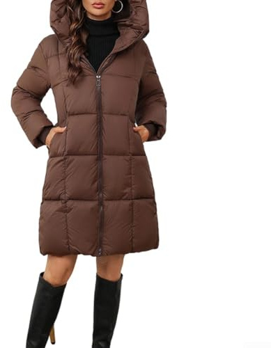 Abrigo para mujer, chaqueta larga acolchada con capucha y forro grueso y cálido, estilo parka de algodón de ajuste delgado, abrigo para mujer de invierno (XXL marrón)